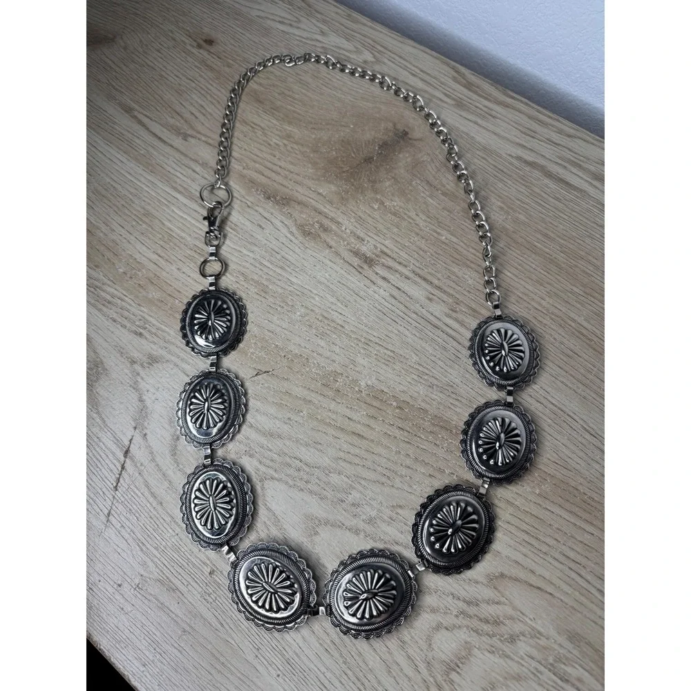 Western‎ Silver Tone Concho Chain Belt Adjustable Boho Southwestern Sunburst XL